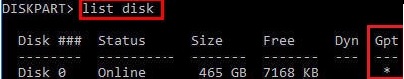 diskpart get disk partition table gpt or mbr