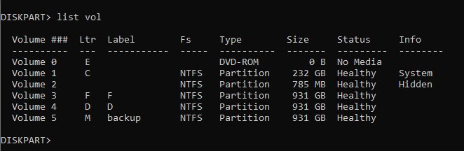 diskpart list volume