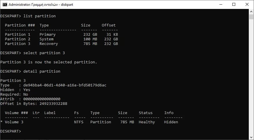 winre diskpart detail partition