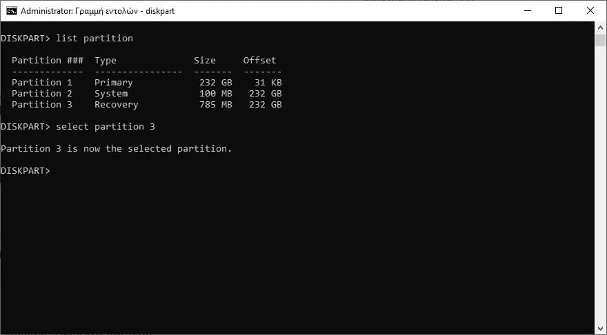 winre diskpart list partition