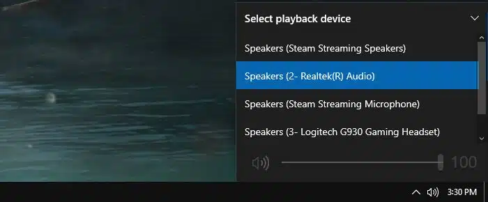 select playback device windows 10